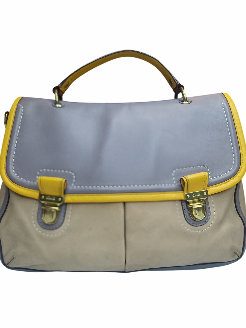 Coach Poppy Dylan Leather Colorblock Satchel Flap Bag Grey Yellow Taupe
